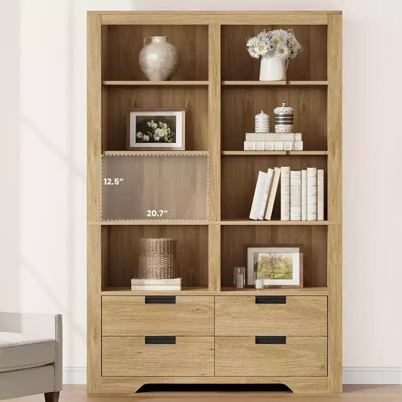 72 in Tall Double-Wide Bookcase with 8 Shelves and 4 Drawers, Farmhouse Storage, 47.2 W x 11.8 D