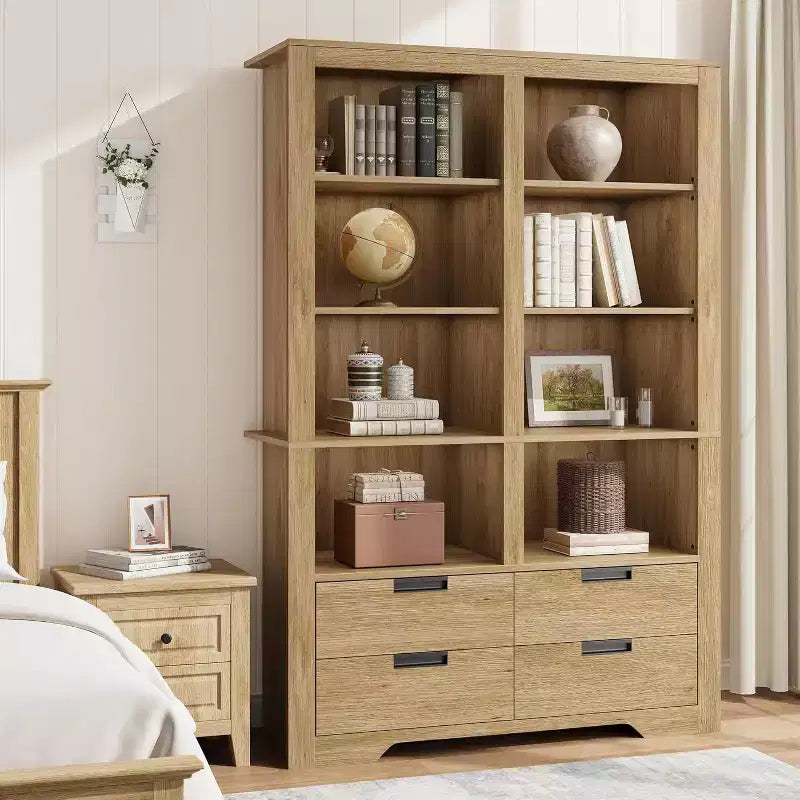 72 in Tall Double-Wide Bookcase with 8 Shelves and 4 Drawers, Farmhouse Storage, 47.2 W x 11.8 D