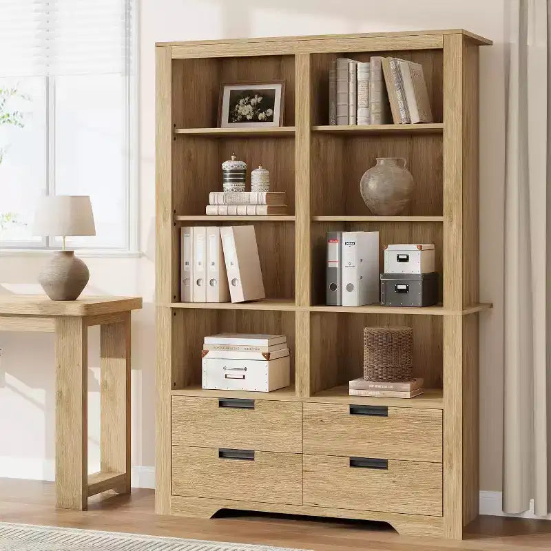 72 in Tall Double-Wide Bookcase with 8 Shelves and 4 Drawers, Farmhouse Storage, 47.2 W x 11.8 D