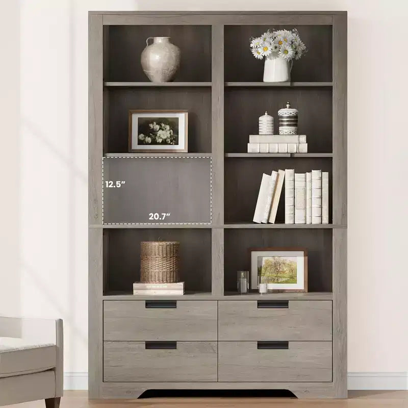 72 in Tall Double-Wide Bookcase with 8 Shelves and 4 Drawers, Farmhouse Storage, 47.2 W x 11.8 D
