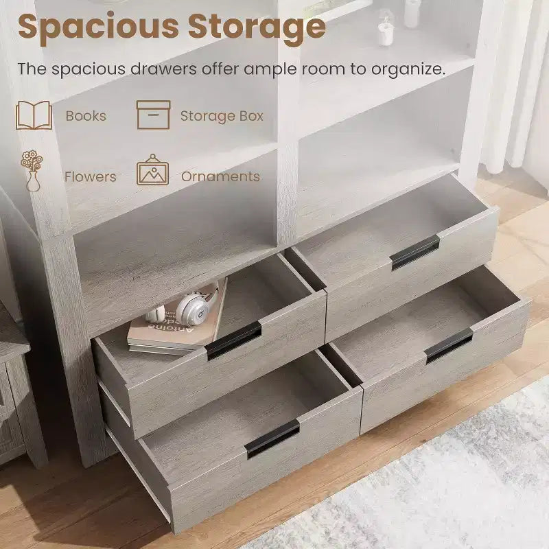 72 in Tall Double-Wide Bookcase with 8 Shelves and 4 Drawers, Farmhouse Storage, 47.2 W x 11.8 D