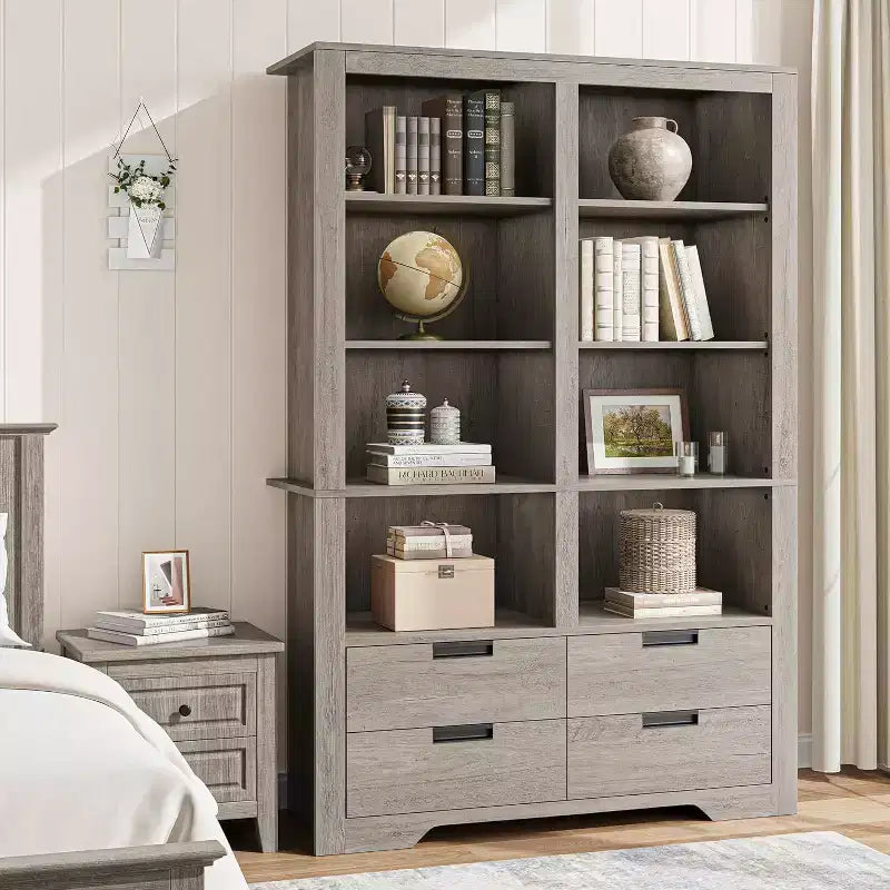 72 in Tall Double-Wide Bookcase with 8 Shelves and 4 Drawers, Farmhouse Storage, 47.2 W x 11.8 D