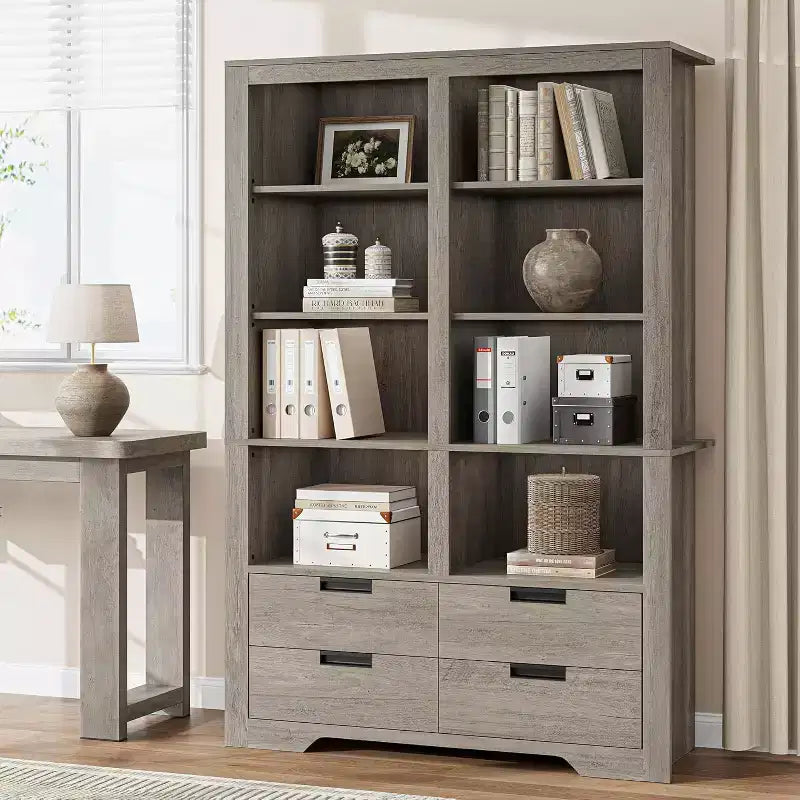 72 in Tall Double-Wide Bookcase with 8 Shelves and 4 Drawers, Farmhouse Storage, 47.2 W x 11.8 D
