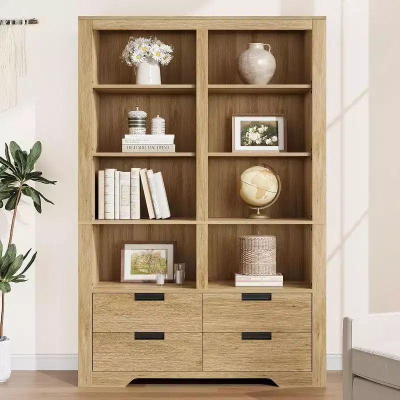 72 in Tall Double-Wide Bookcase with 8 Shelves and 4 Drawers, Farmhouse Storage, 47.2 W x 11.8 D
