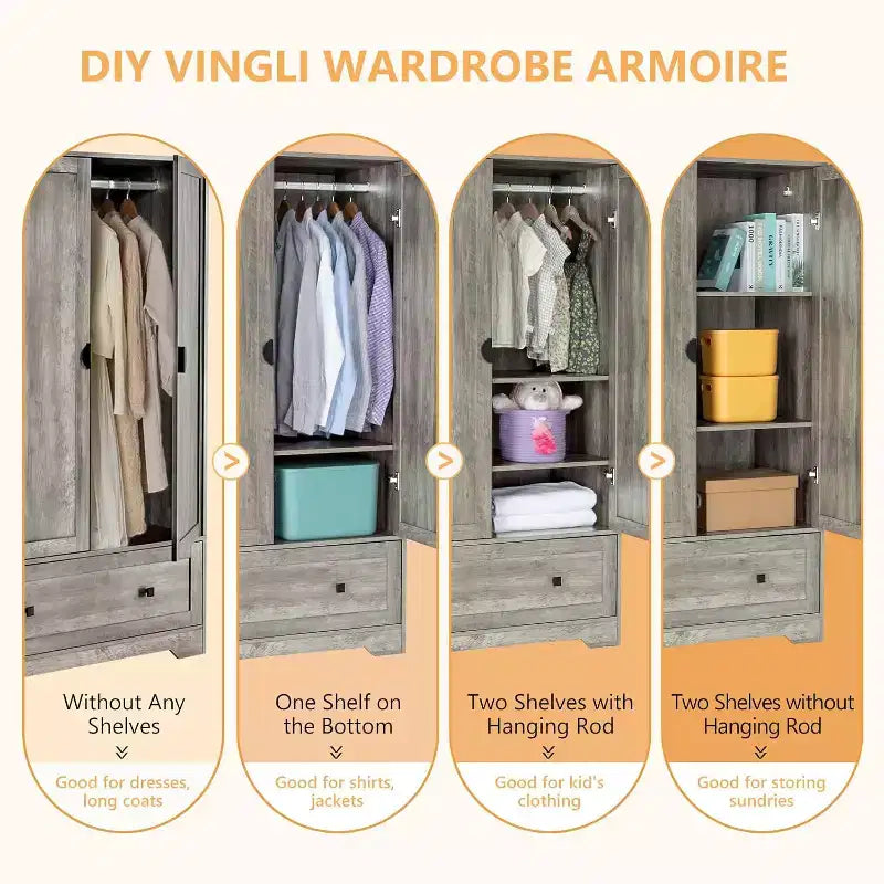 Wide Armoire Wardrobe Closet with Hanging Rod, Adjustable Shelves and Drawer, Freestanding