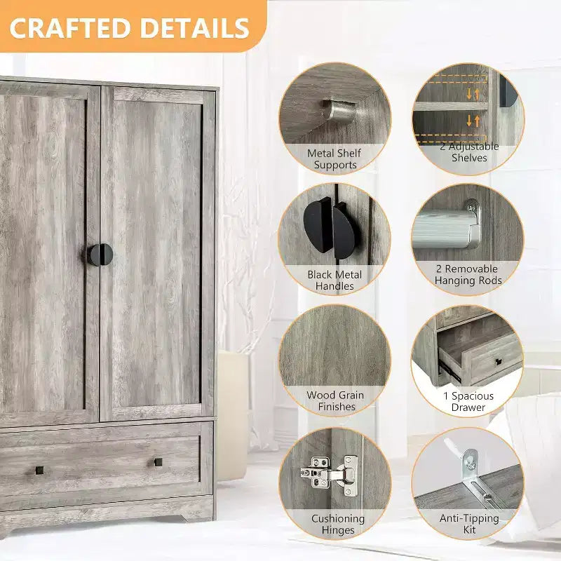 Wide Armoire Wardrobe Closet with Hanging Rod, Adjustable Shelves and Drawer, Freestanding