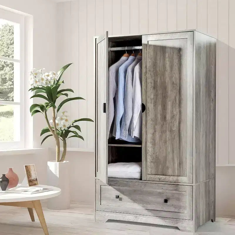 Wide Armoire Wardrobe Closet with Hanging Rod, Adjustable Shelves and Drawer, Freestanding