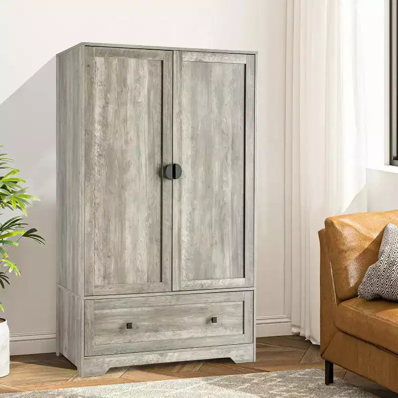 Wide Armoire Wardrobe Closet with Hanging Rod, Adjustable Shelves and Drawer, Freestanding