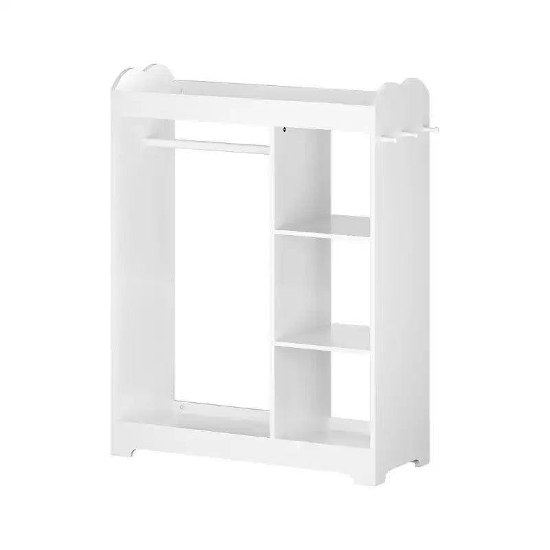 Kids Dress Up Storage with Mirror, Clothes Rack, Hanging Rod, 3 Side Hooks and Storage Shelves, White