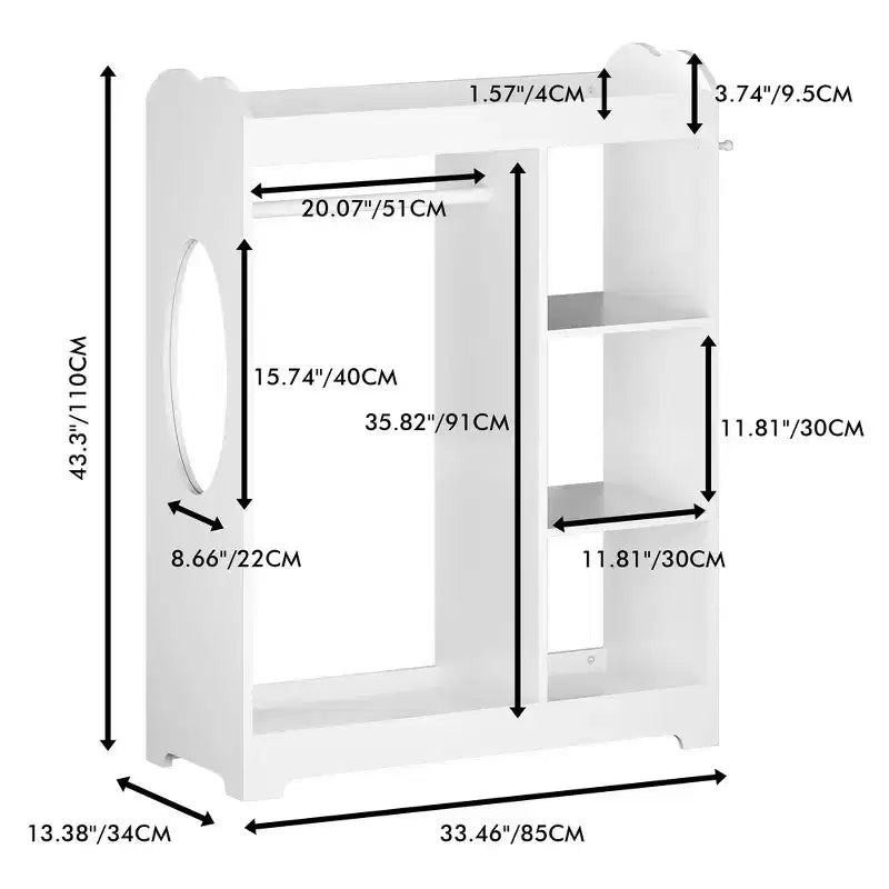 Kids Dress Up Storage with Mirror, Clothes Rack, Hanging Rod, 3 Side Hooks and Storage Shelves, White