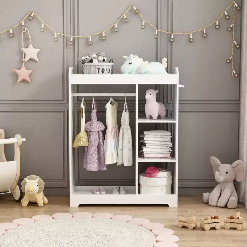 Kids Dress Up Storage with Mirror, Clothes Rack, Hanging Rod, 3 Side Hooks and Storage Shelves, White