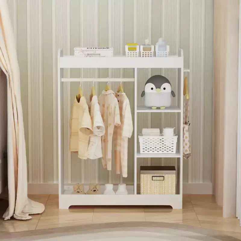 Kids Dress Up Storage with Mirror, Clothes Rack, Hanging Rod, 3 Side Hooks and Storage Shelves, White
