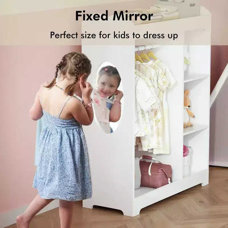 Kids Dress Up Storage with Mirror, Clothes Rack, Hanging Rod, 3 Side Hooks and Storage Shelves, White