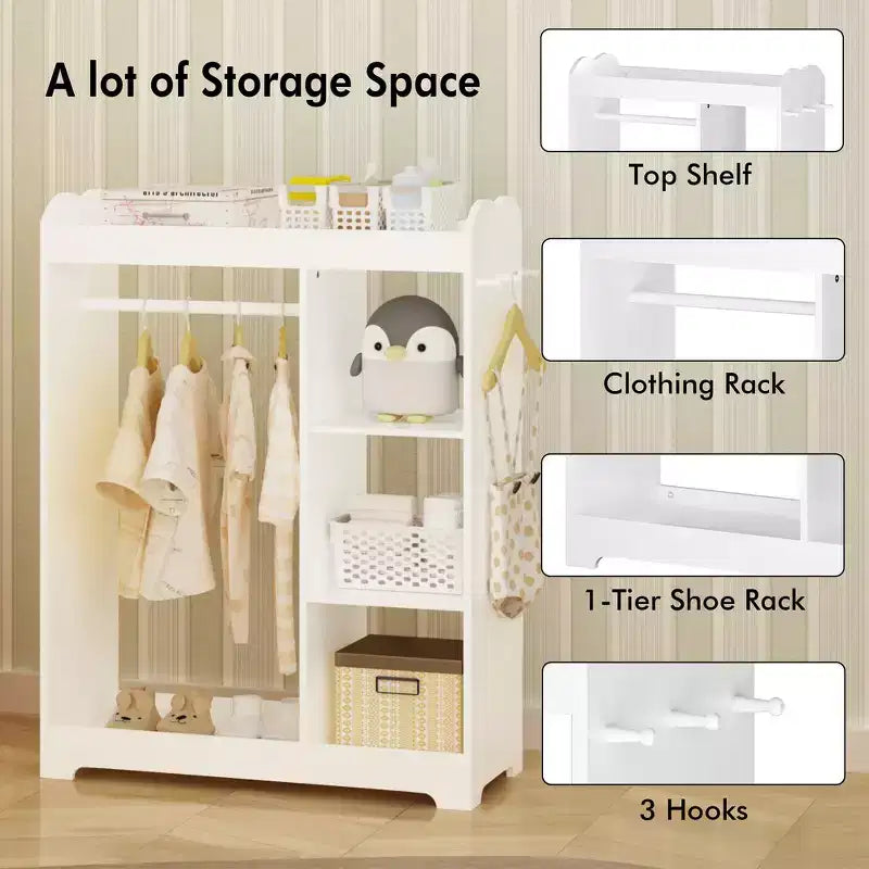 Kids Dress Up Storage with Mirror, Clothes Rack, Hanging Rod, 3 Side Hooks and Storage Shelves, White