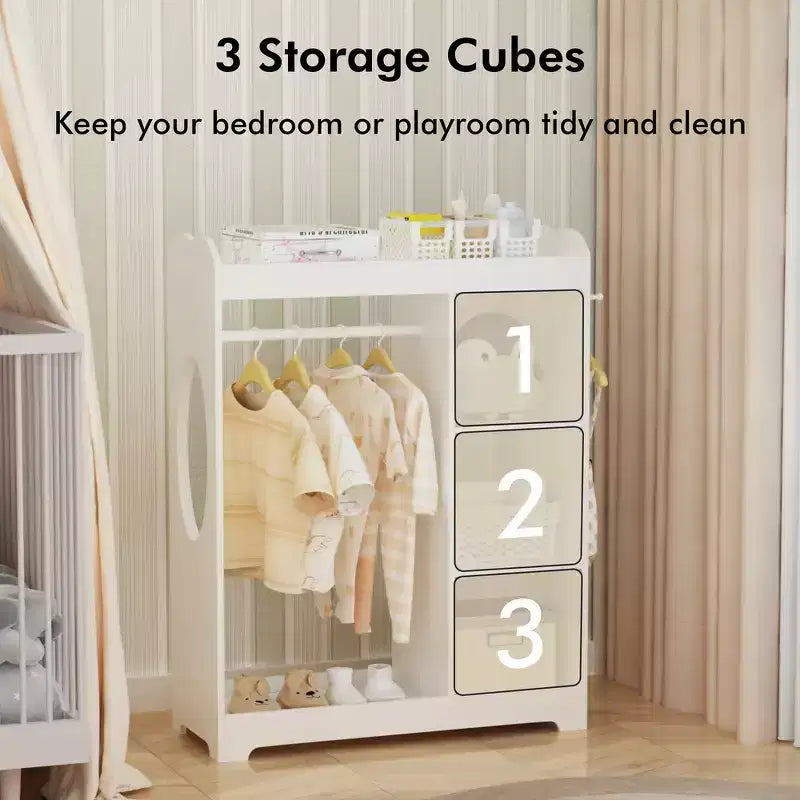 Kids Dress Up Storage with Mirror, Clothes Rack, Hanging Rod, 3 Side Hooks and Storage Shelves, White