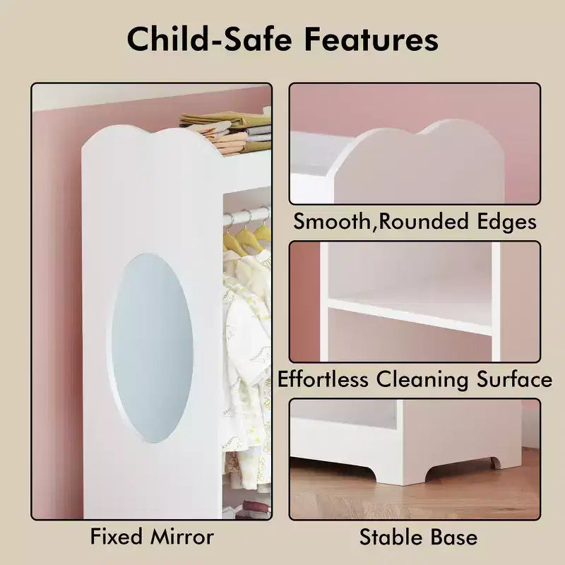 Kids Dress Up Storage with Mirror, Clothes Rack, Hanging Rod, 3 Side Hooks and Storage Shelves, White