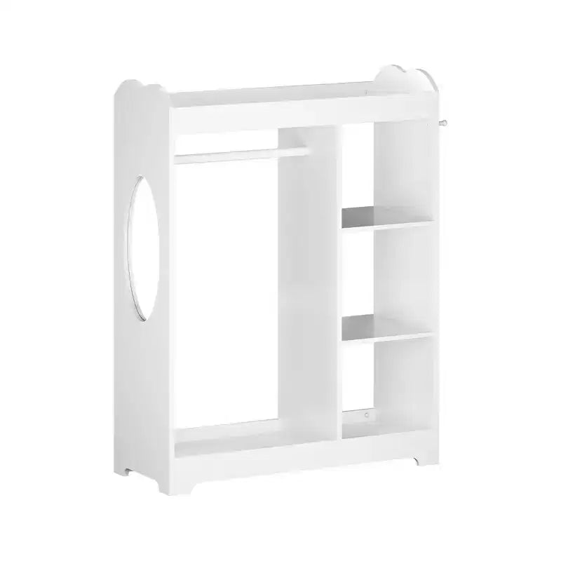 Kids Dress Up Storage with Mirror, Clothes Rack, Hanging Rod, 3 Side Hooks and Storage Shelves, White