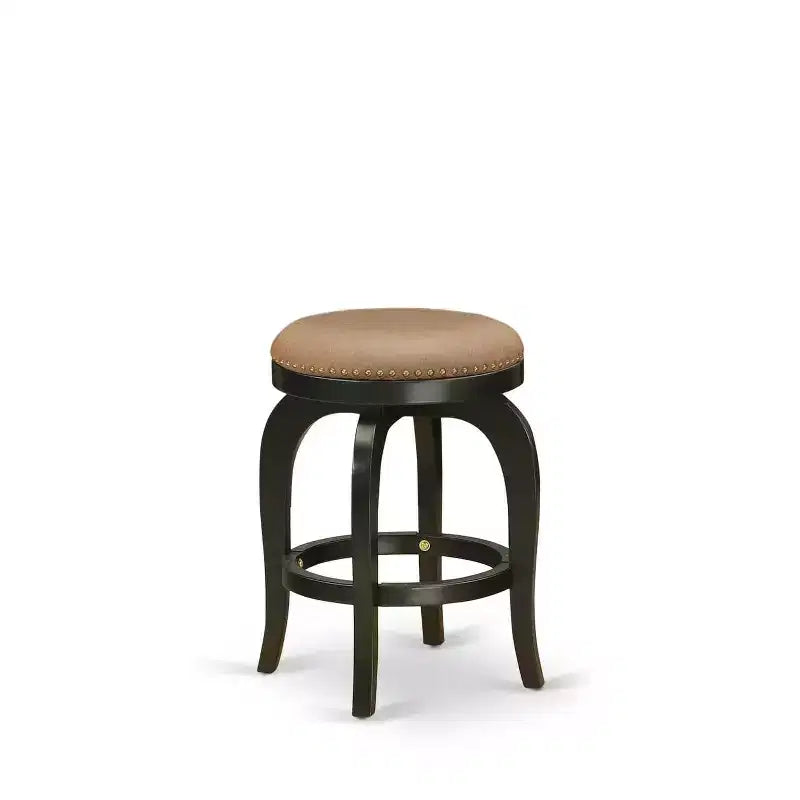 24 in. Backless Wooden Counter Barstool, Round Shape with Faux Leather Upholstered Seat, Brown