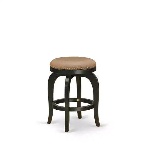 24 in. Backless Wooden Counter Barstool, Round Shape with Faux Leather Upholstered Seat, Brown