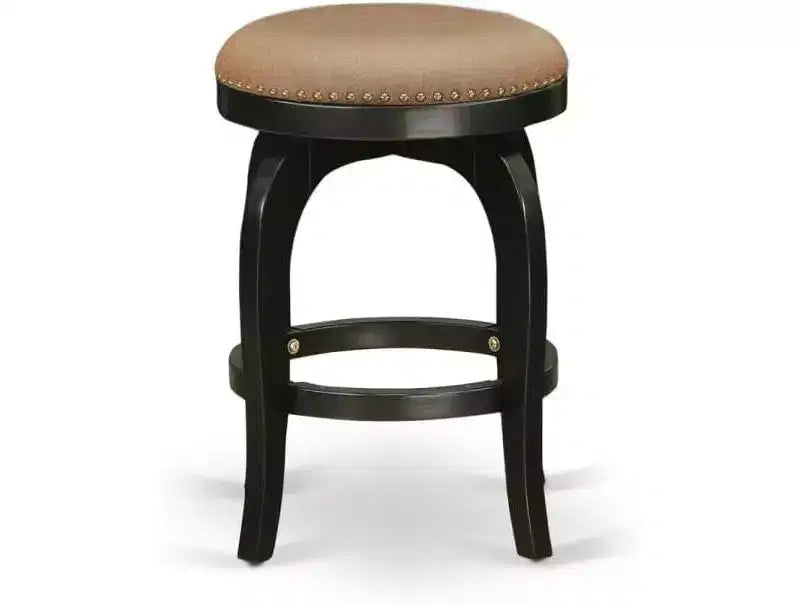 24 in. Backless Wooden Counter Barstool, Round Shape with Faux Leather Upholstered Seat, Brown