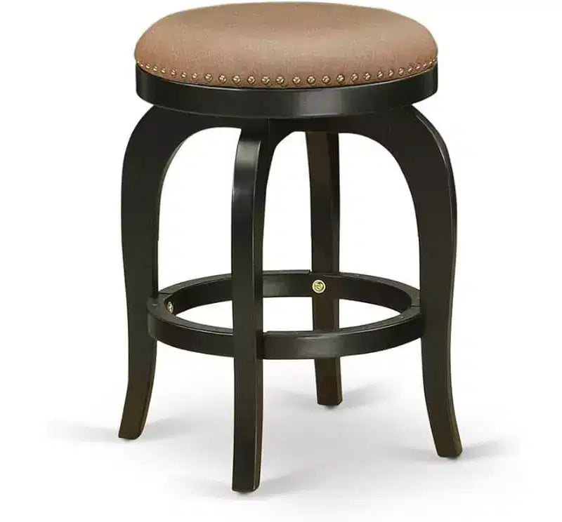 24 in. Backless Wooden Counter Barstool, Round Shape with Faux Leather Upholstered Seat, Brown