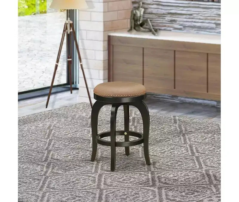 24 in. Backless Wooden Counter Barstool, Round Shape with Faux Leather Upholstered Seat, Brown