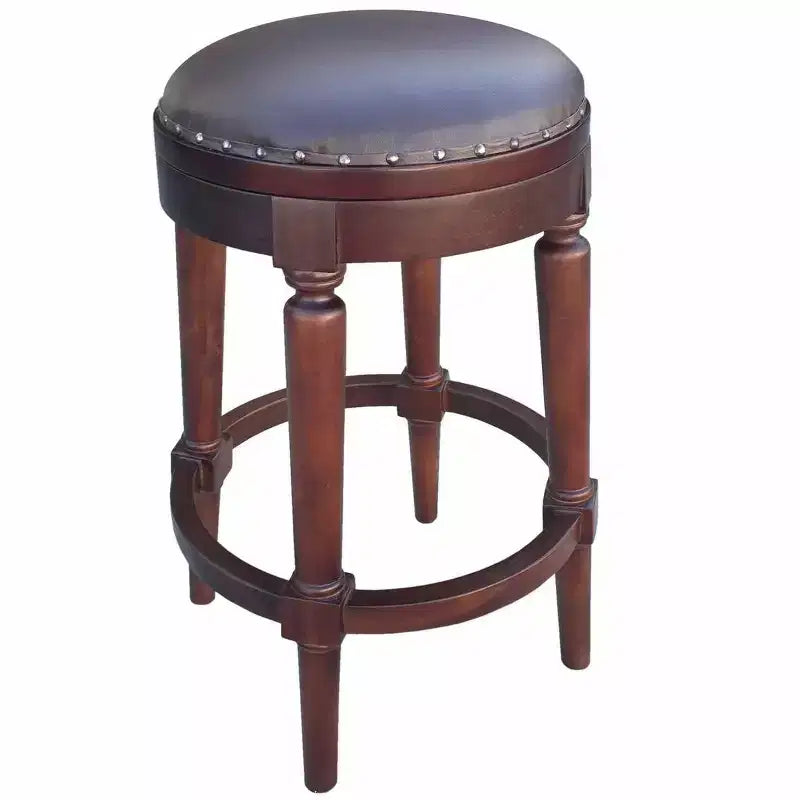 Round Counter Stool, Solid Mahogany Wood with Faux Leather Seat