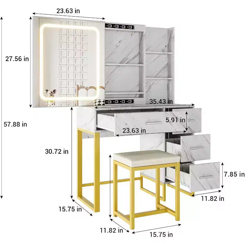 Marble White Makeup Vanity Desk with Lighted Mirror, 3 Color Modes & Power Outlets