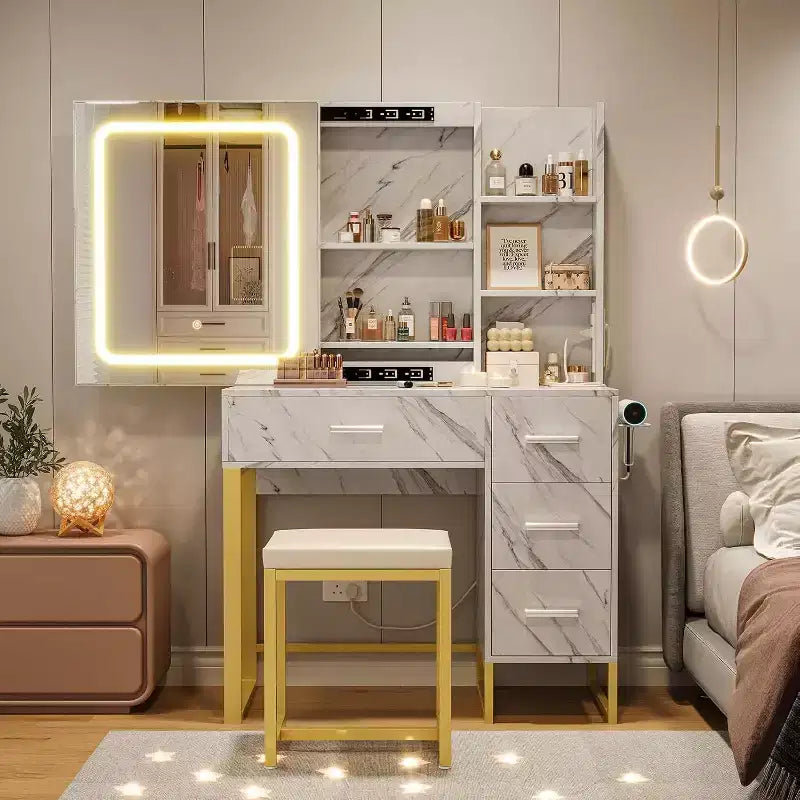 Marble White Makeup Vanity Desk with Lighted Mirror, 3 Color Modes & Power Outlets