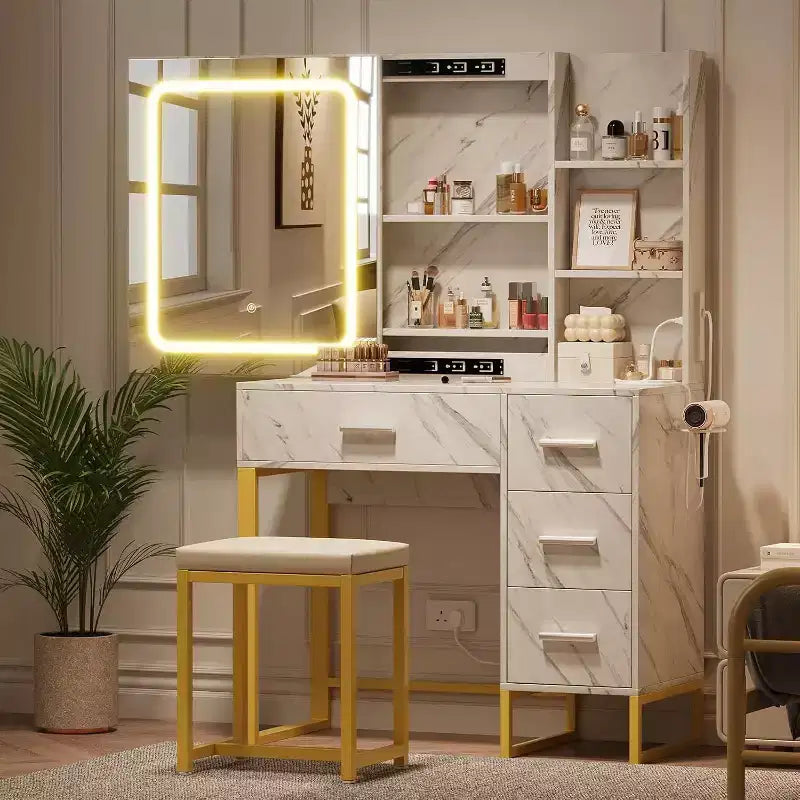 Marble White Makeup Vanity Desk with Lighted Mirror, 3 Color Modes & Power Outlets