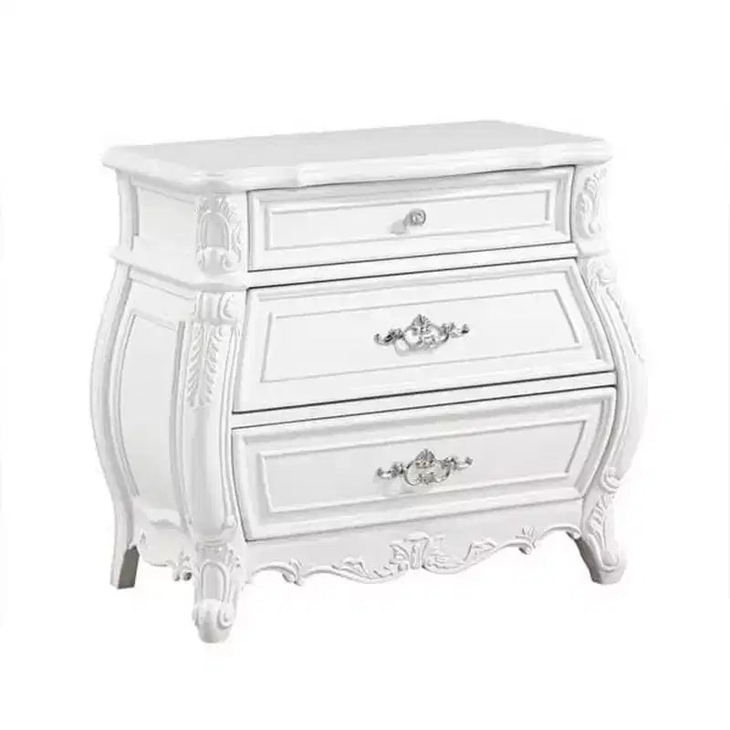 Nightstand with 3 Drawers, White Solid Wood, Metal Handles, 31 Inch