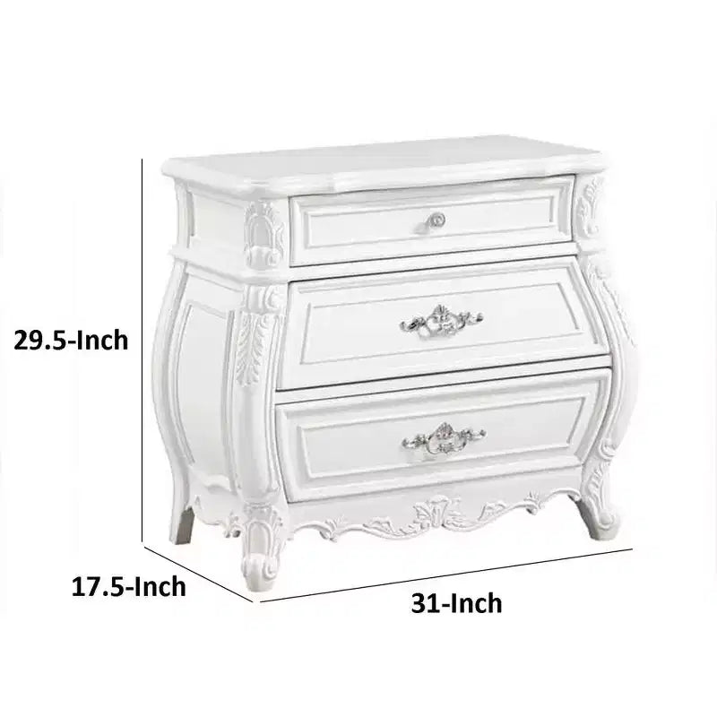 Nightstand with 3 Drawers, White Solid Wood, Metal Handles, 31 Inch