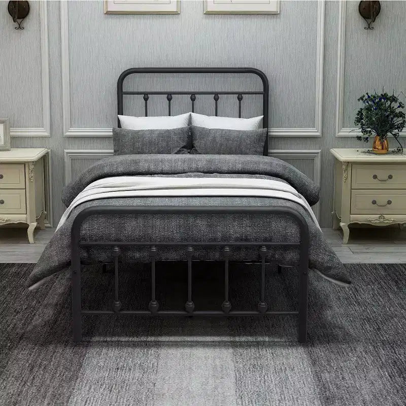 Twin Size Metal Platform Bed Frame with Headboard and Strong Slat Support, Black