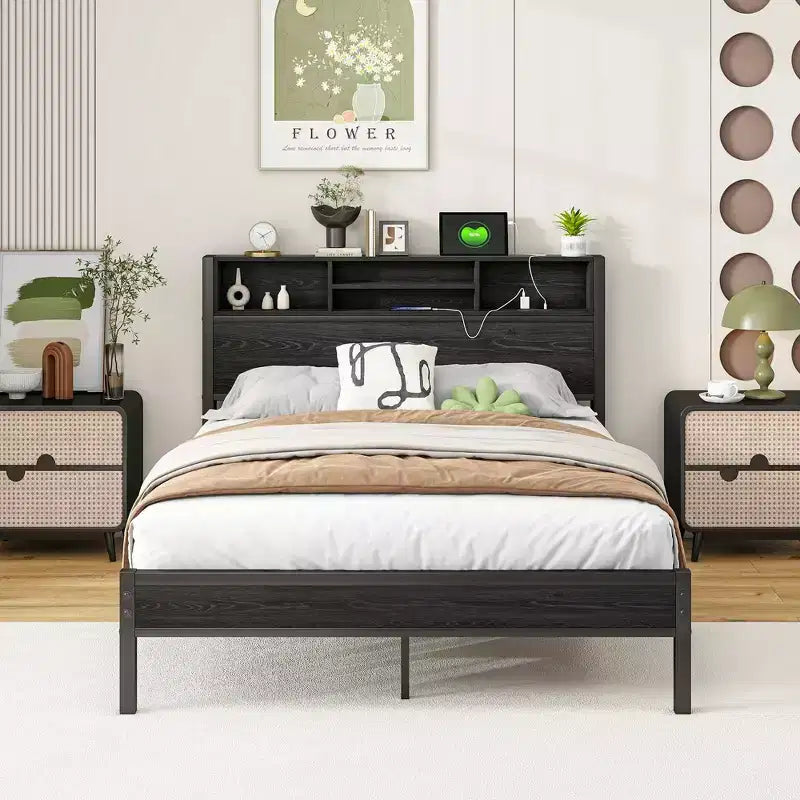 Full Size Metal Platform Bed Frame with Storage Headboard and Charging Station, Black