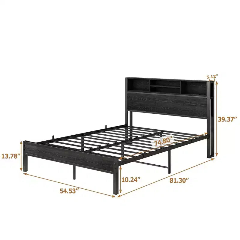Full Size Metal Platform Bed Frame with Storage Headboard and Charging Station, Black