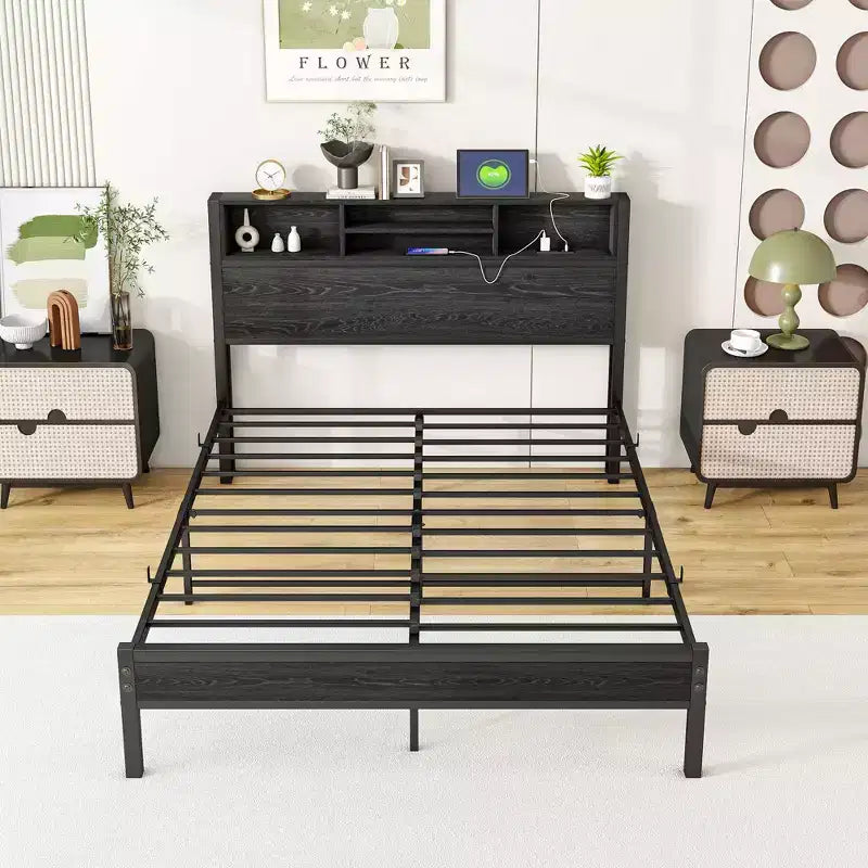 Full Size Metal Platform Bed Frame with Storage Headboard and Charging Station, Black