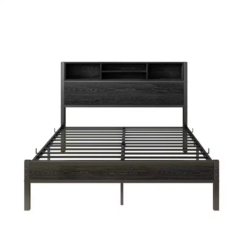 Full Size Metal Platform Bed Frame with Storage Headboard and Charging Station, Black