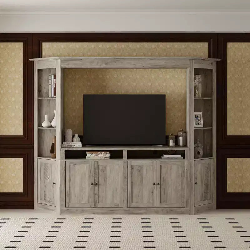 Gray TV Entertainment Center with Multi-Storage Shelves, Bookcase Cabinets, Fits TVs Up to 70"