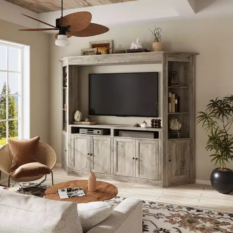 Gray TV Entertainment Center with Multi-Storage Shelves, Bookcase Cabinets, Fits TVs Up to 70"