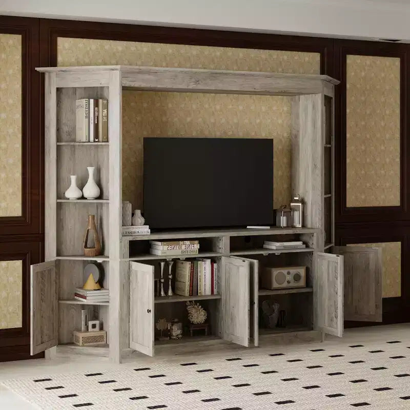 Gray TV Entertainment Center with Multi-Storage Shelves, Bookcase Cabinets, Fits TVs Up to 70"