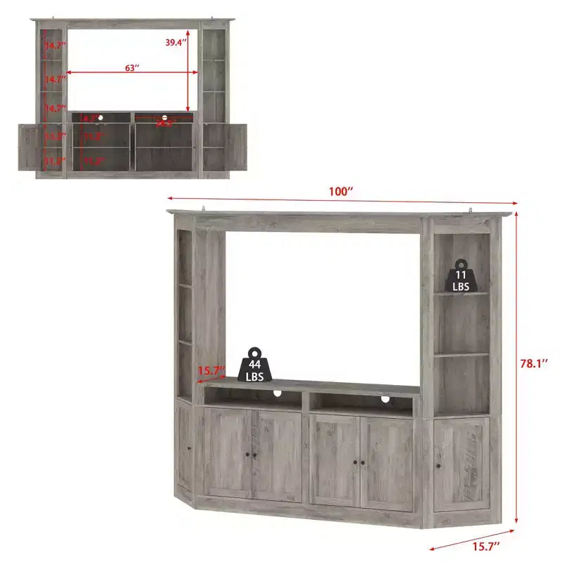 Gray TV Entertainment Center with Multi-Storage Shelves, Bookcase Cabinets, Fits TVs Up to 70"