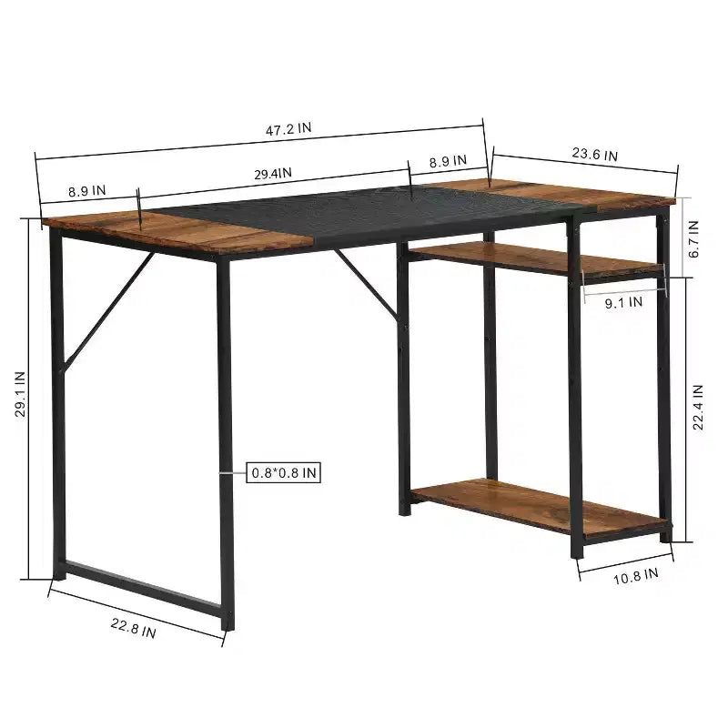 47.2" Industrial Computer Desk with Side Shelves, Gaming Desk with Metal Frame, Home Office Workstation