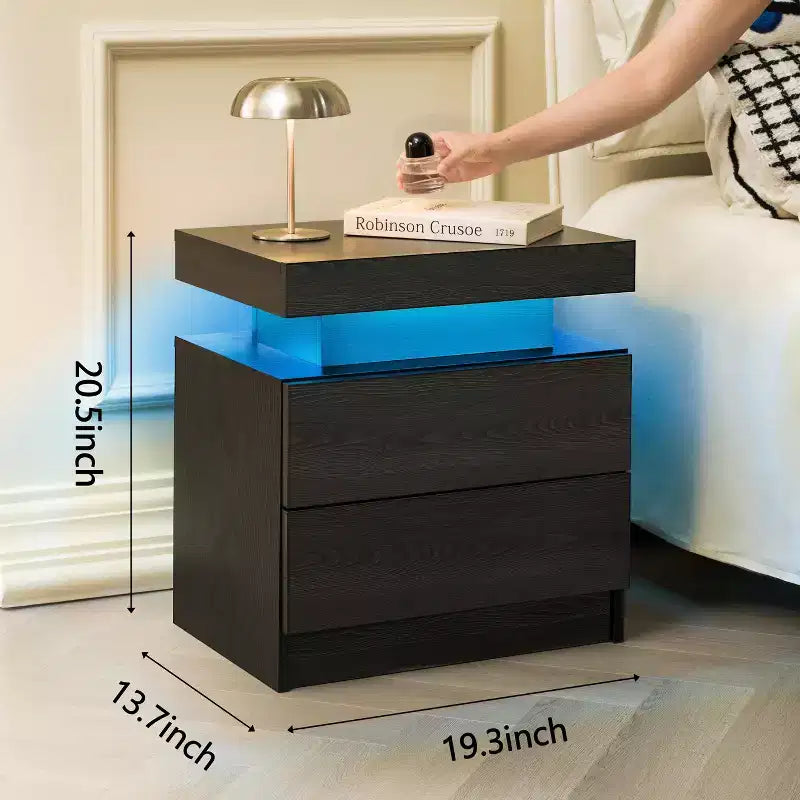 Nightstand LED Bedside Table Cabinet Lights Modern End Side with 2 Drawers for Bedroom (Black Woodgrain)