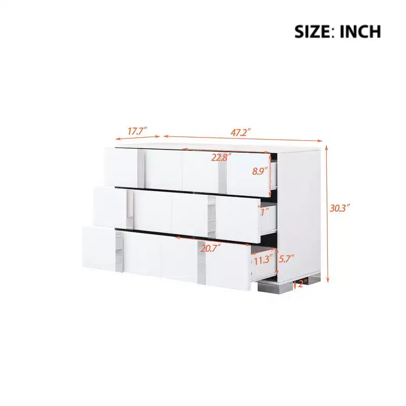 Modern 6-Drawer Dresser with Mirrored Handles and Metal Legs