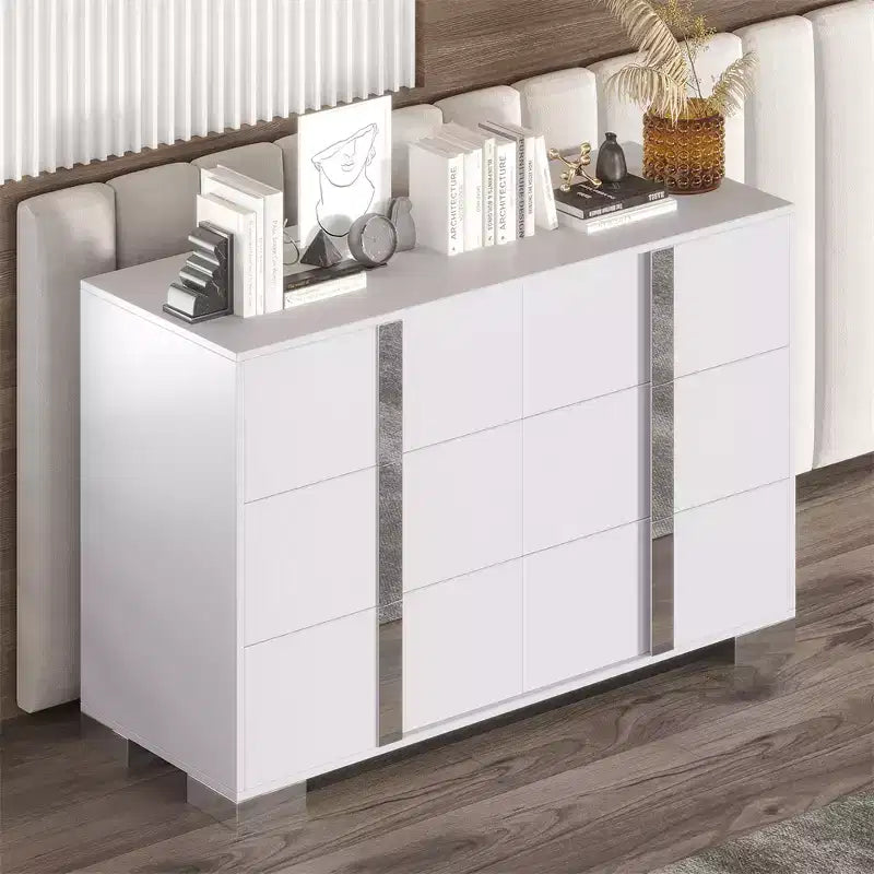 Modern 6-Drawer Dresser with Mirrored Handles and Metal Legs