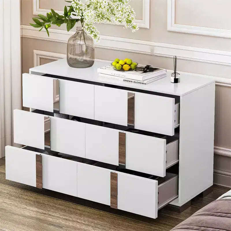 Modern 6-Drawer Dresser with Mirrored Handles and Metal Legs