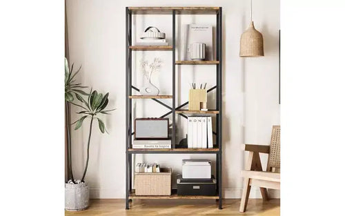 GustoWave 6 Tier Open Bookcase, Rustic Farmhouse Book Shelves,Black Metal Bookshelves, Mid Century Bookcase for Home Office Living Room Bedroom