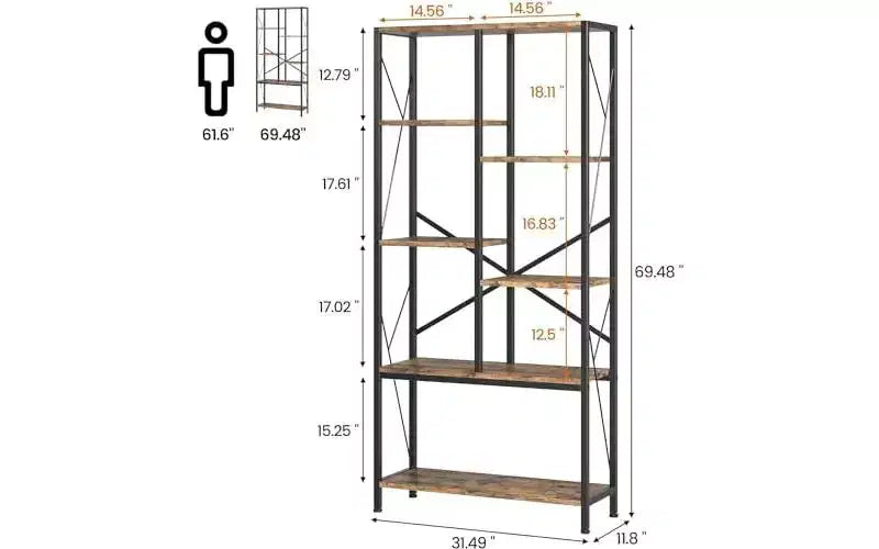 6-Tier Open Bookcase, Rustic Farmhouse Bookshelves with Black Metal Frame