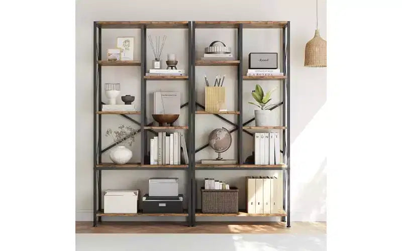 6-Tier Open Bookcase, Rustic Farmhouse Bookshelves with Black Metal Frame
