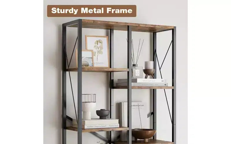 6-Tier Open Bookcase, Rustic Farmhouse Bookshelves with Black Metal Frame